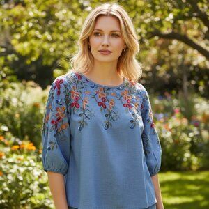 Kindred Blue Chambray Floral Embroidered Blouse Boho Peasant Top Size 1X